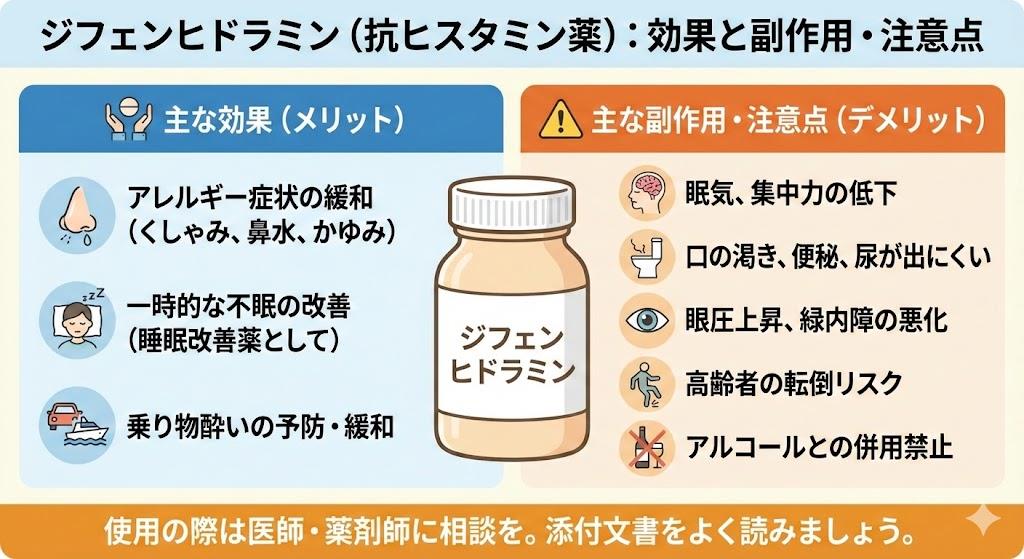 ジフェンヒドラミンの効果と副作用：抗ヒスタミン薬の特徴と使用上の注意点